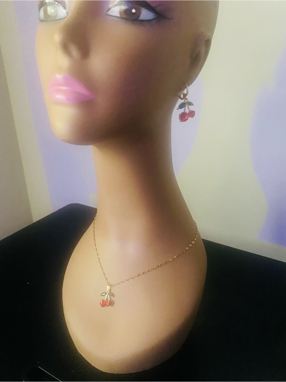 Source Unknown Gold Cherry Pendant Necklace with Red and Green Stone